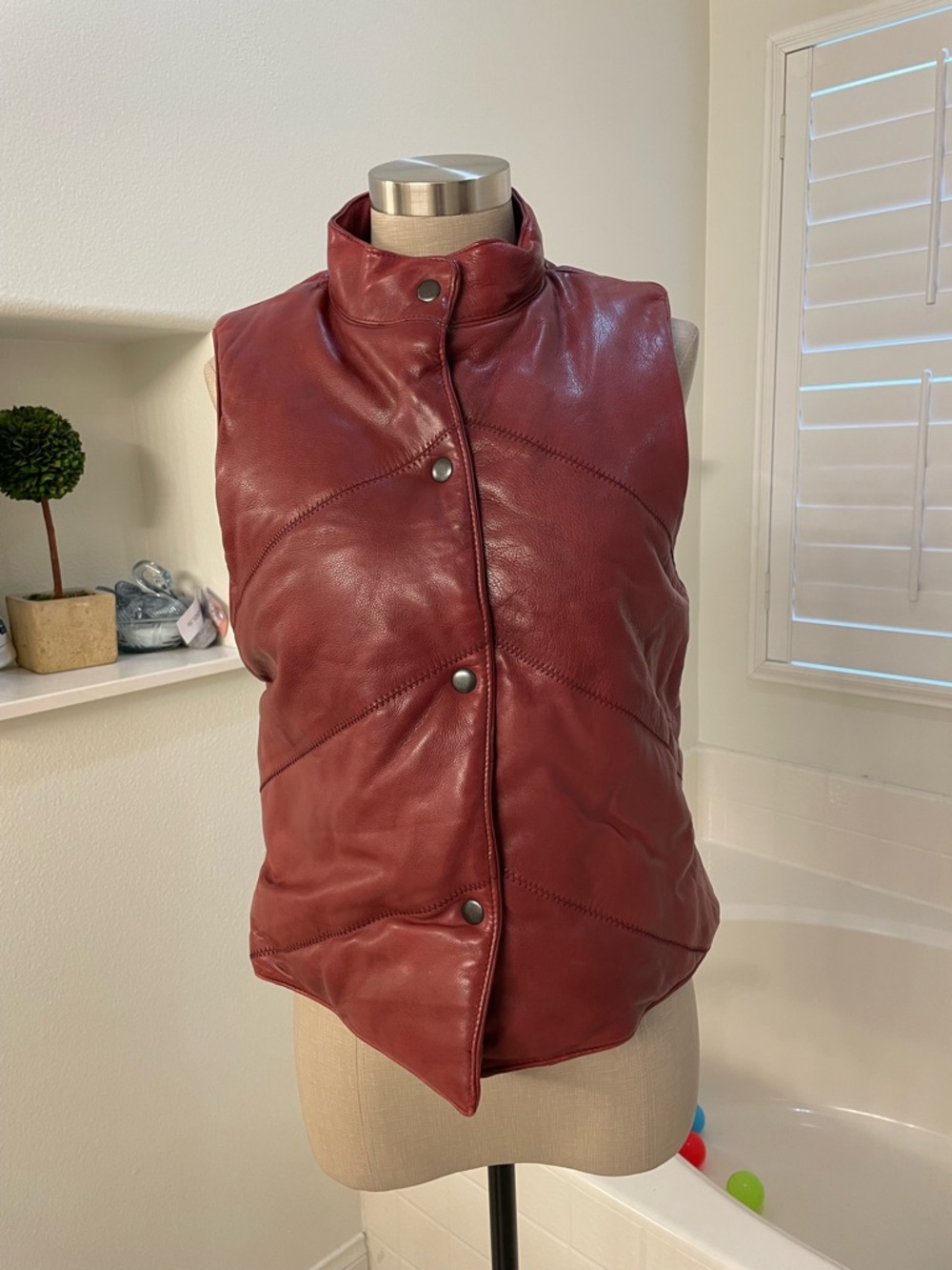 Women's Red Leather Snap-Front puffer Vest